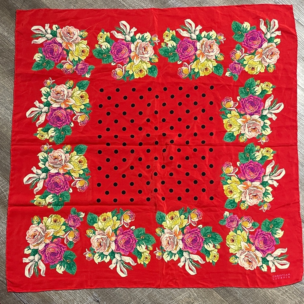 Christian Lacroix 100% Silk Floral Polka Dot Print Scarf